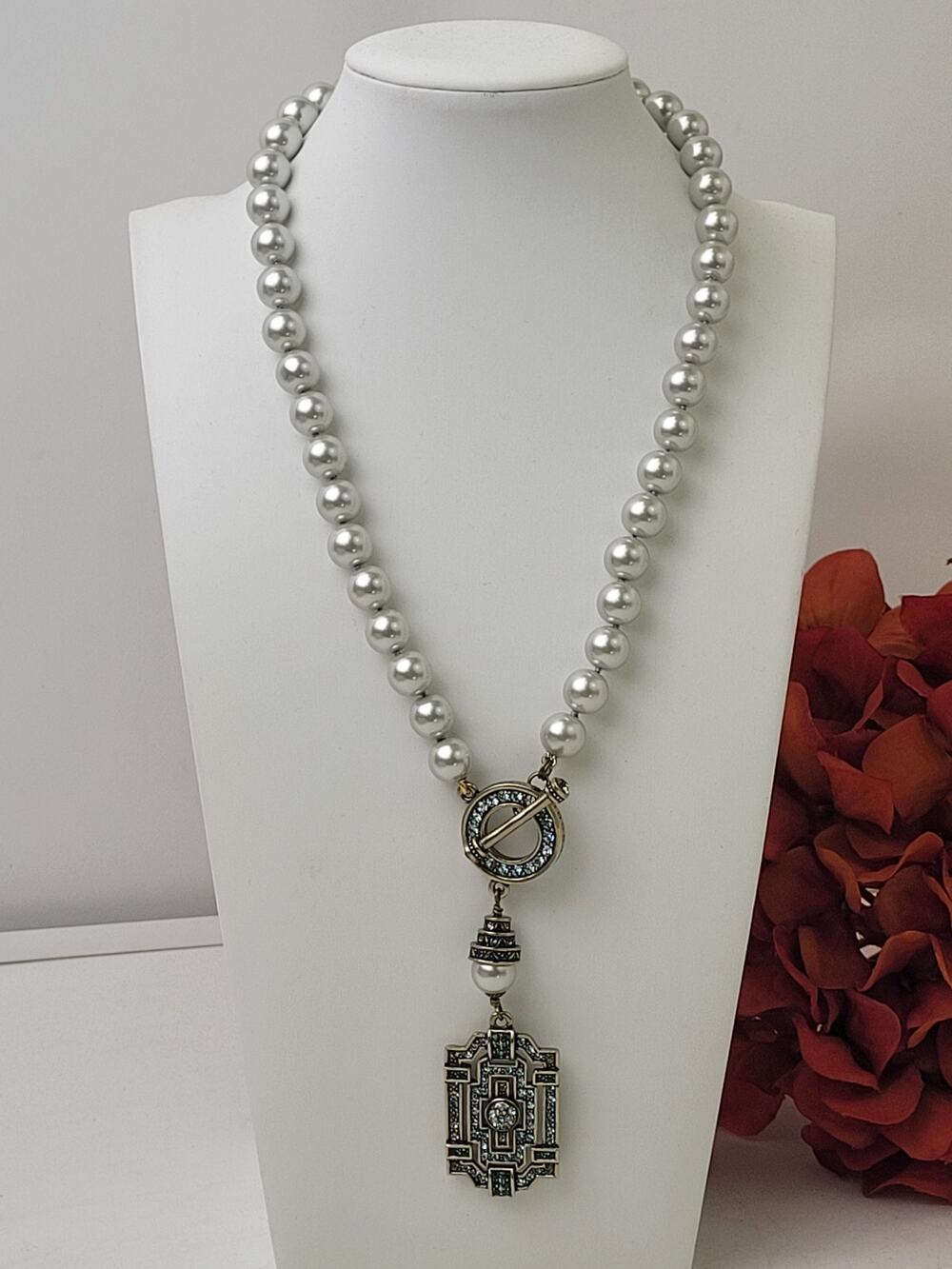 Heidi Daus Classic Edition Art Deco Crystal Necklace Toggle Clasp Faux Pearls